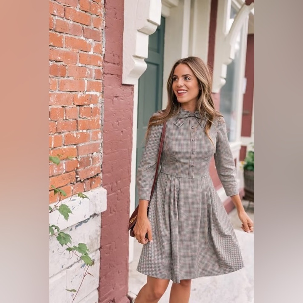 Gal Meets Glam Blanche Check Bow Tie Fit & Flare Dress